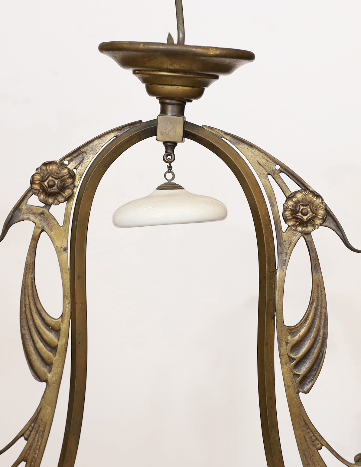A late 19th century French bronze and cut glass hanging oil lamp with opaque glass shade, drop 90cm.